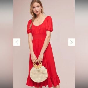Anthropologie Grandeur Dress Red Midi Style Puff Sleeves Size XS